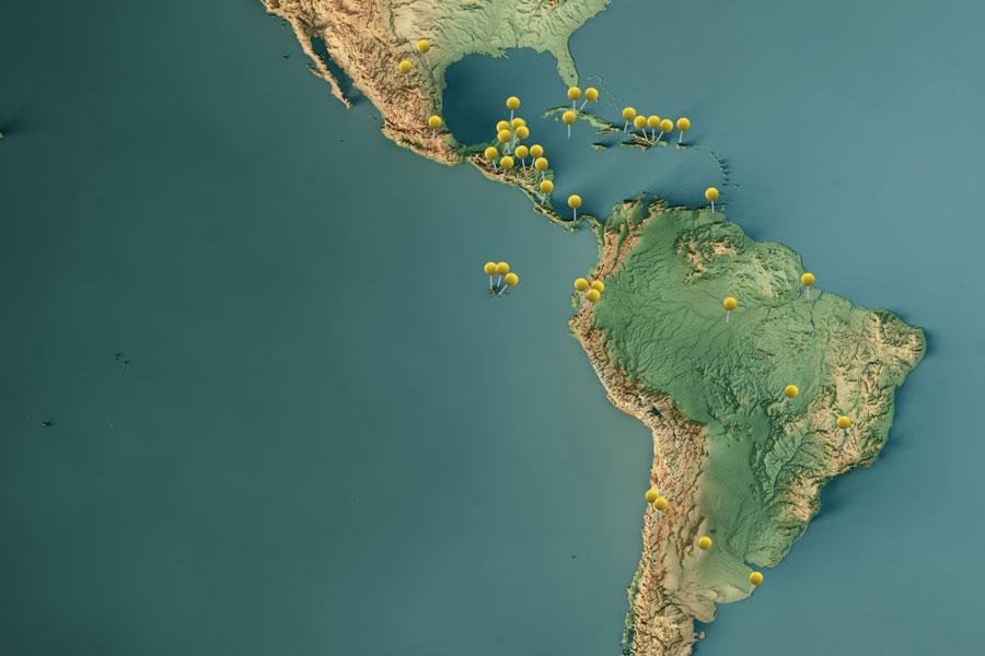 Map of Latin America with pins